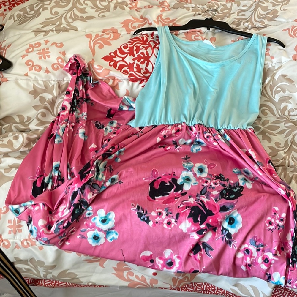 Lg pink bottom floral print with blue top sleeveless dress
